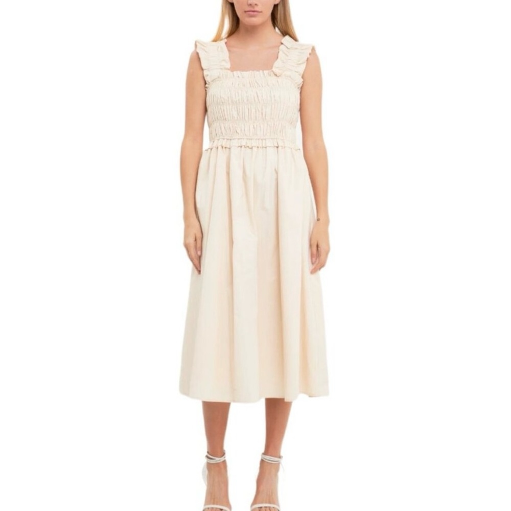 English Factory Beige Ruffled Shoulder Strap Midi Dress